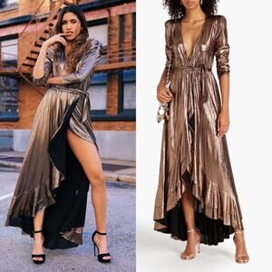 Retrofete NWT Flora Metallic Jersey Midi Wrap Dress in Bronze V-Neck Size XS